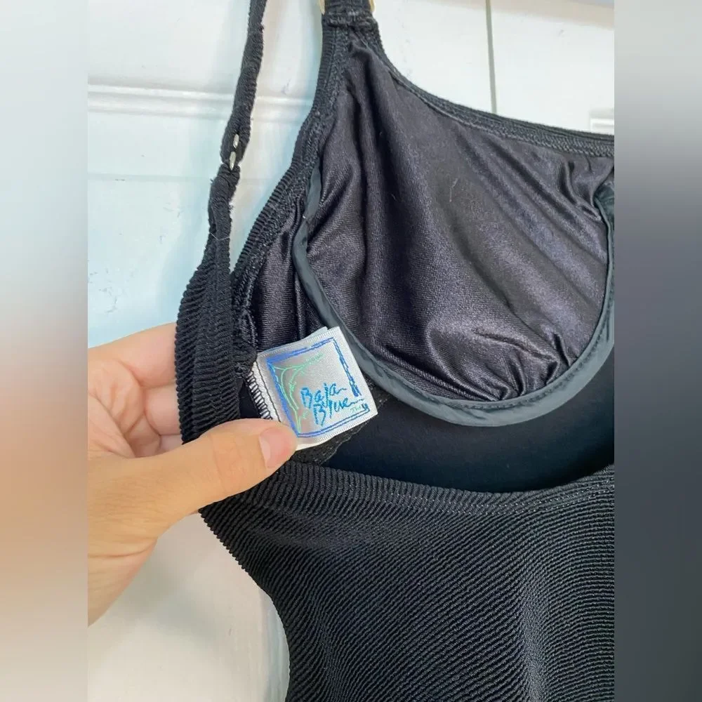 1990/80s Baja Blue Black Swimsuit with Gold Details
